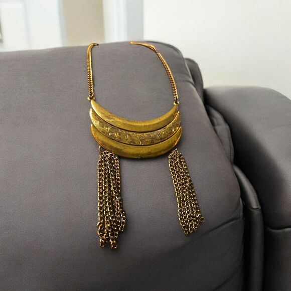 Vintage Egyptian Necklace Crescent Moon Bohemian Gold Tone Chain - Picture 3 of 5